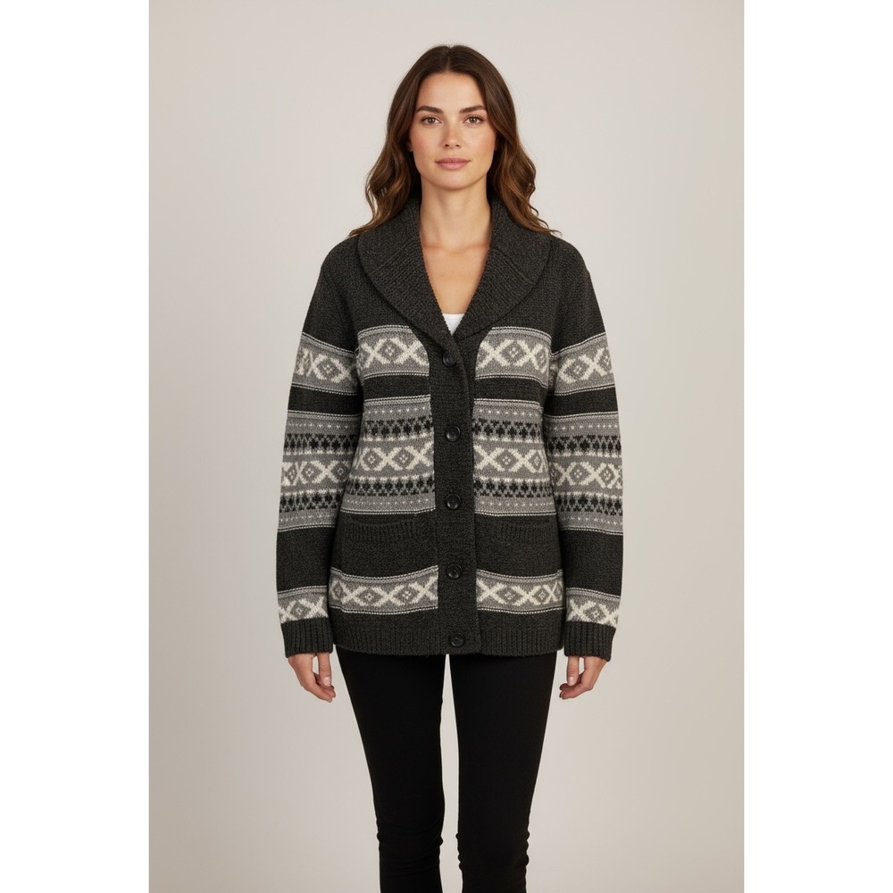 SANSARA Fair Isle Cardigan Size Medium Button Front Grey Grandma‎ Core